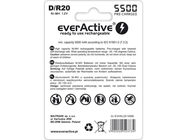 Everactive EVHRL20-5500, Oppladbart batteri, D, Nikkelmetallhydrid (NiMH), 1,2 V, 2 stykker, 5500 mAh