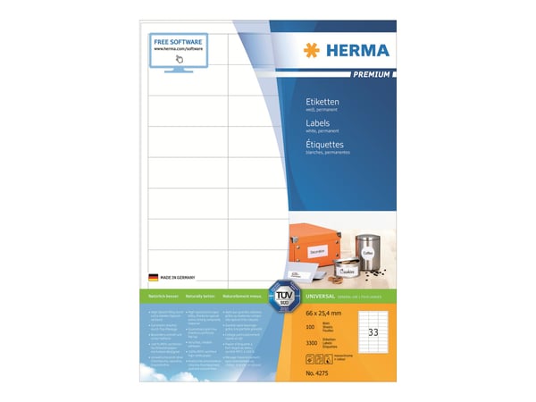 HERMA 4275, Valkoinen, Itse kiinnittyvä tulostintarra, A4, Paperi, Laser/Inkjet, Kiinteä