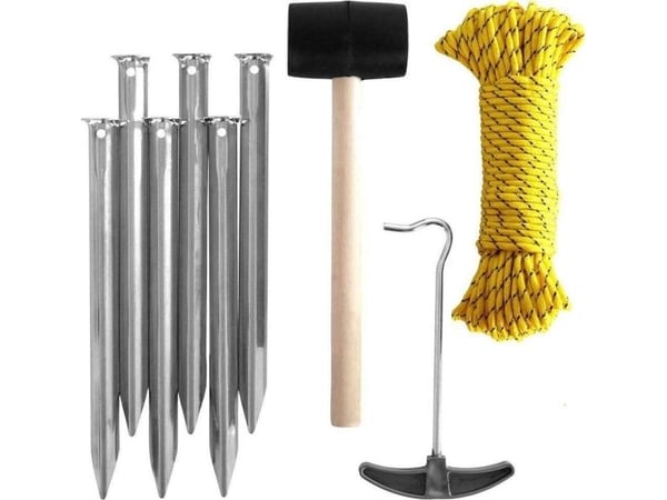 Redcliffs tilbehør til campingtelt - tilbehørsett plugger/hammer/tau/kroker (9 deler)