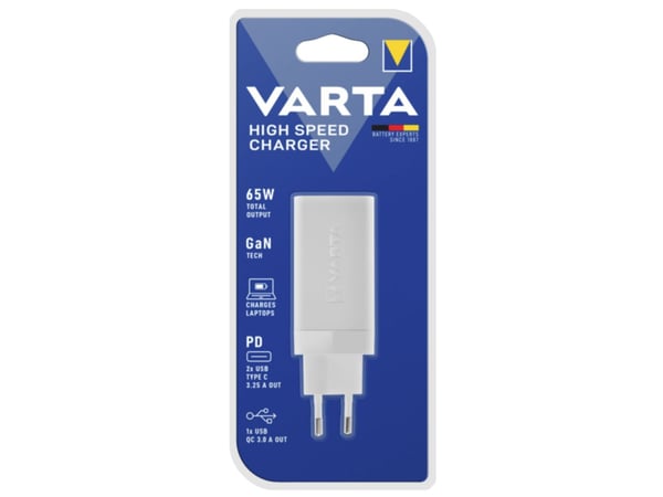 Varta - Strømadapter - 65 watt - 3.25 A - PD, QC 3.0 - 3 utgangskontakter (2 x USB-C, USB)