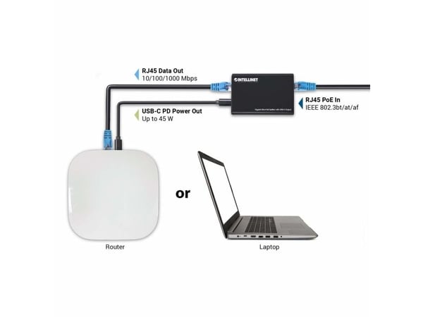 Intellinet 561693, IEEE 802.3, IEEE 802.3ab, IEEE 802.3af, IEEE 802.3at, IEEE 802.3bt, IEEE 802.3u, 10/100/1000Base-T(X), Cat5e, Sort, Plast, 0 - 4...