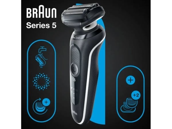 Braun Series 5 51-W1600s, Folierakapparat, Svart, Vit, Knappar, LED, Laddning, Energiljus, AC/Batteri