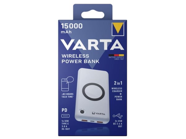 Varta - Trådløs nødlader - 2-i-1 - Li-pol - 15000 mAh - 55.5 Wh - 20 watt - 3 A - PD, QC 3.0 - 3 utgangskontakter (2 x USB, USB-C)