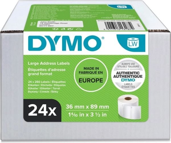 DYMO Large Address Labels - Hvit - 36 x 89 mm 6240 etikett(er) (24 rull(er) x 260) adresselapper - for DYMO LabelWriter 320, 330 Turbo, 400, 400 Tw...