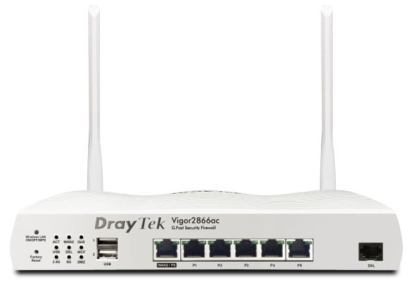 Draytek Vigor 2866Vac, Wi-Fi 5 (802.11ac), Kaksitaajuus (2,4 GHz/5 GHz), Ethernet LAN, ADSL, Valkoinen, Pöytäreititin