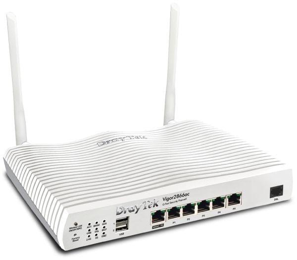 Draytek Vigor 2866Vac, Wi-Fi 5 (802.11ac), Kaksitaajuus (2,4 GHz/5 GHz), Ethernet LAN, ADSL, Valkoinen, Pöytäreititin