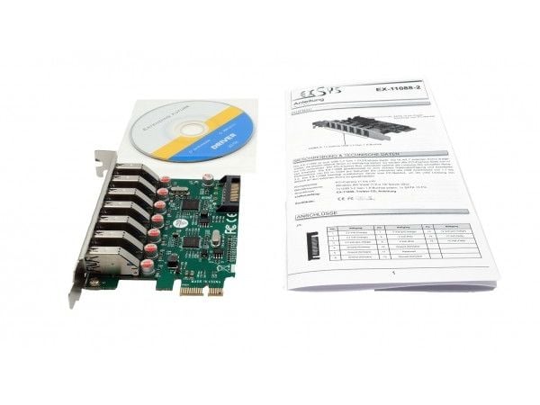 EXSYS EX-11088-2, PCIe, USB 3.2 Gen 1 (3.1 Gen 1), Honkoppling, Fullhöjd/fullängd, SATA 7-pin, Grön, Silver
