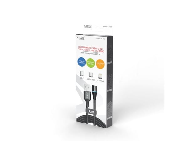 SAVIO CL-152 - Lade-/datakabelsett - USB hann til Micro-USB type B, Lightning, USB-C hann avtakbar og magnetisk - 1 m - svart