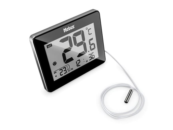 Mebus 48432, Elektronisk miljøtermometer, Inne/Ute, F, °C, Digitalt, Svart, Bord