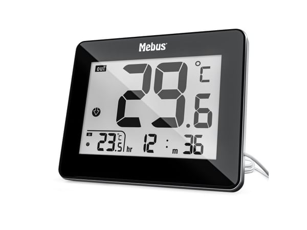 Mebus 48432, Elektronisk miljøtermometer, Inne/Ute, F, °C, Digitalt, Svart, Bord