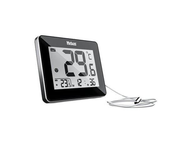 Mebus 48432, Elektronisk miljøtermometer, Inne/Ute, F, °C, Digitalt, Svart, Bord