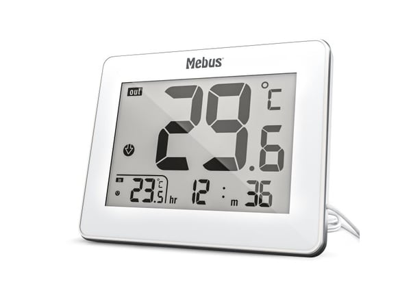 Mebus 01074, Elektronisk miljøtermometer, Inne/Ute, F, °C, Digitalt, Hvit, Rektangulær