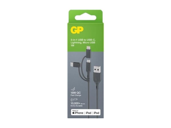 GP Batteries CY1N, 1 m, USB A, USB C/Micro-USB B/Lightning, 480 Mbit/s, Harmaa