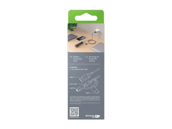 GP Batteries CY1N, 1 m, USB A, USB C/Micro-USB B/Lightning, 480 Mbit/s, Harmaa