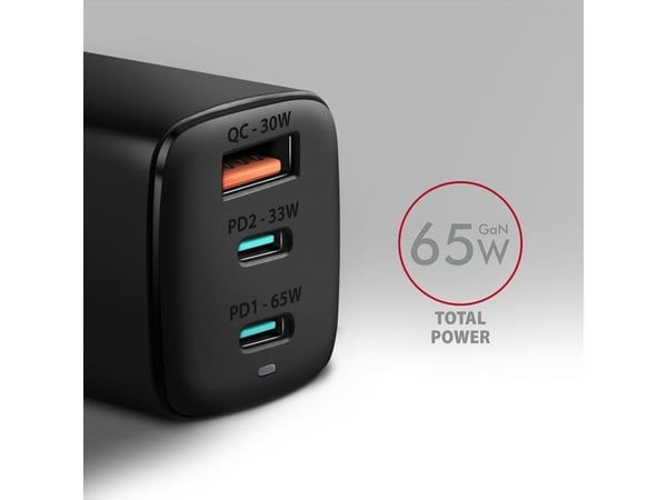 AXAGON ACU-DPQ65 Ladegrät, 2x USB-C, 1x USB-A, PD3.0/QC4+/PPS, 65W - musta