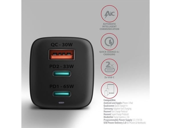 AXAGON ACU-DPQ65 Ladegrät, 2x USB-C, 1x USB-A, PD3.0/QC4+/PPS, 65W - musta