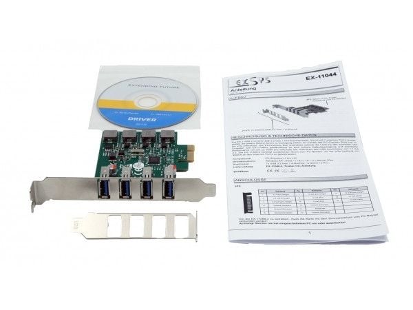 EXSYS EX-11044, PCIe, USB 3.2 Gen 1 (3.1 Gen 1), Honkoppling, Fullhöjd/låg profil, 4x External USB 3.2 Gen 1 A-female, Grön, Silver
