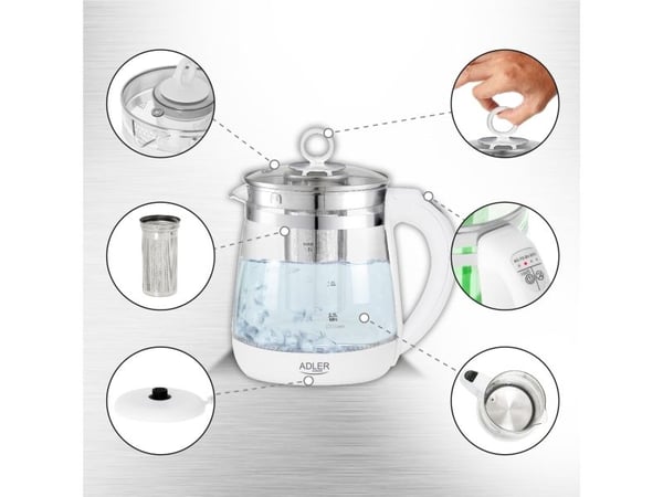 Adler AD 1299, 1,5 L, 1850 W, Hvit, Glass, Justerbar termostat, Vannmåler