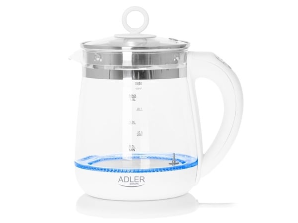 Adler AD 1299, 1,5 L, 1850 W, Hvit, Glass, Justerbar termostat, Vannmåler