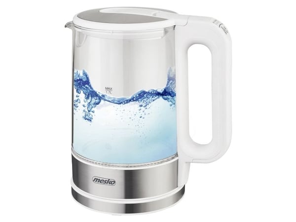 Mesko Home MS 1301W, 1,7 L, 2200 W, Ruostumaton teräs, Läpinäkyvä, Valkoinen, Lasi, Ruostumaton teräs, Säädettävä termostaatti, Veden tason ilmaisin