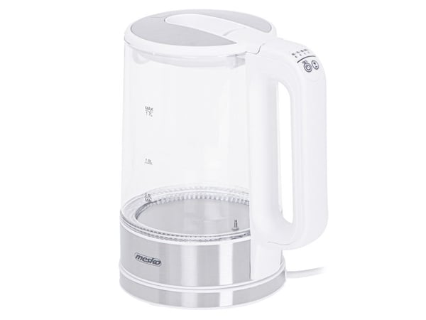 Mesko Home MS 1301W, 1,7 L, 2200 W, Rustfritt stål, Transparent, Hvit, Glass, Rustfritt stål, Justerbar termostat, Vannmåler