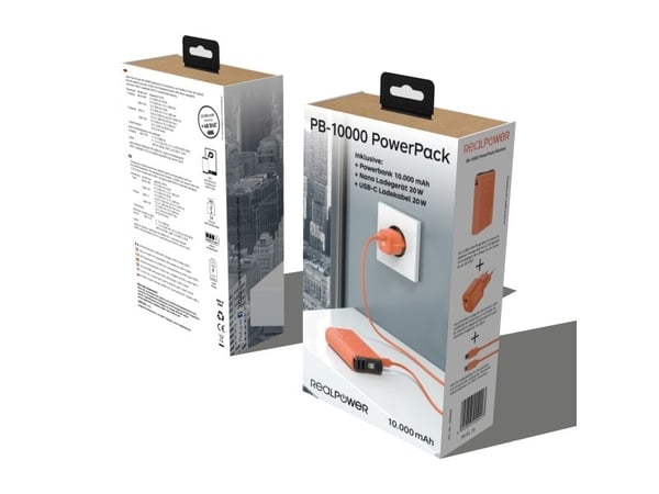 RealPower PB-10000, 10000 mAh, litiumpolymer (LiPo), 22,5 W, oransje