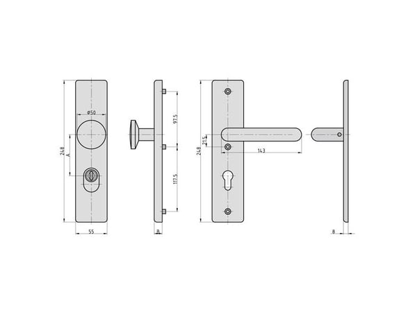 BASI 7500-0308, Käytäväoven kahva, Sisätila ja ulkotila, Ruostumaton teräs, Ruostumaton teräs, Matta, 248 mm