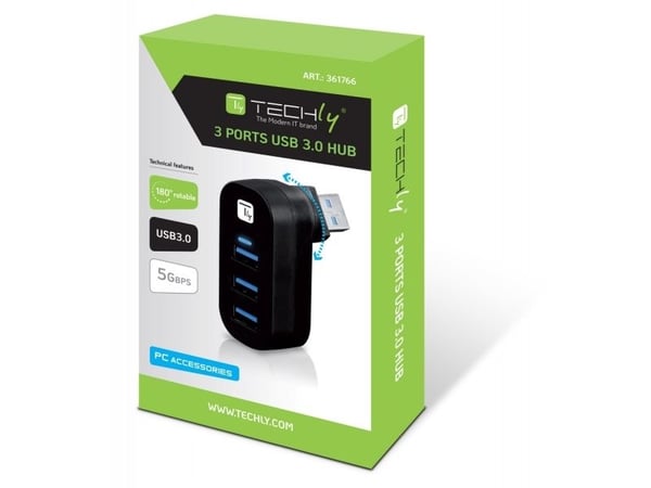 TECHLY Mini roterende hub med 3 USB 3.0-porter Svart