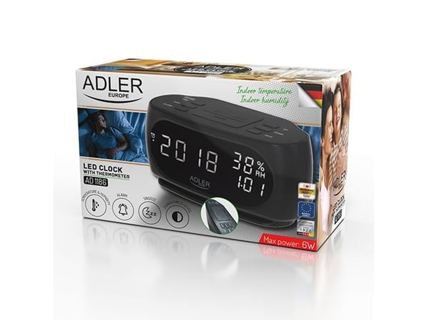 Adler AD 1186, Digital vekkerklokke, Sort, LED, AC, 182 mm, 88 mm