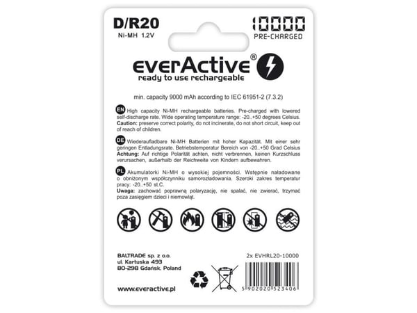 Everactive EVHRL20-10000, Oppladbart batteri, D, Nikkelmetallhydrid (NiMH), 1,2 V, 2 stykker, 10000 mAh
