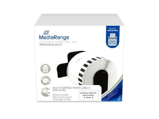 MediaRange etiketttape 62mm svart/hvit Brother DK-22205 30,48m