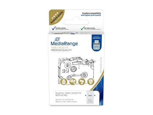 MediaRange MRBTZ121, Svart på transparent, Kontinuerlig etikett, Plast, Brother, P-Touch 1000, 1010, 1080, 1090, 1260VP, 1280, 1280DT, 1290, 1750, ...