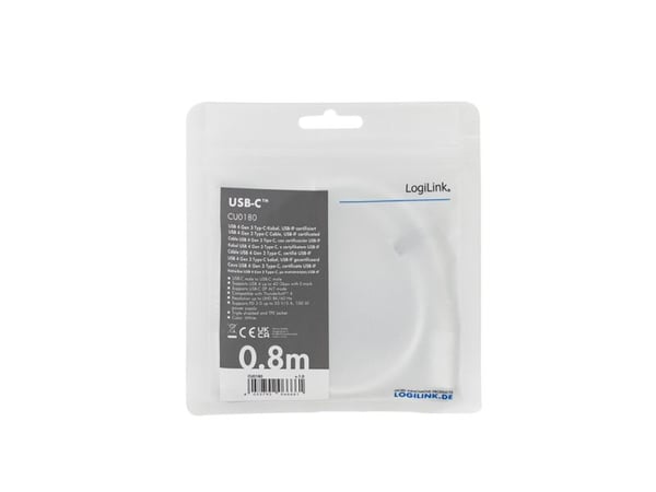 USB 4 Gen 3 Type-C-kaapeli, C/M - USB-C/M, PD, AV, valkoinen, 0,8 m, 0,8 m