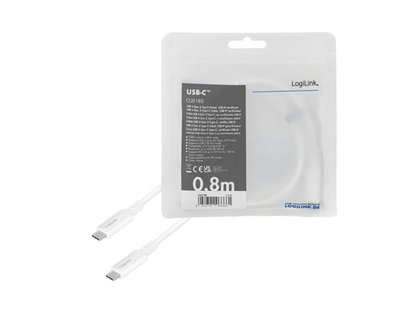 USB 4 Gen 3 Type-C-kaapeli, C/M - USB-C/M, PD, AV, valkoinen, 0,8 m, 0,8 m