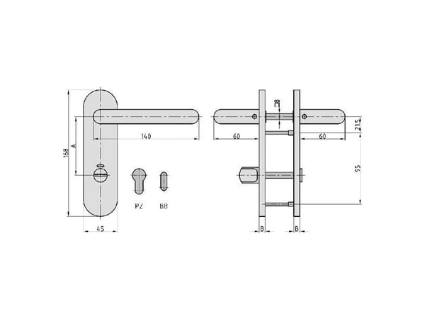BASI 7304-0208, Håndtakssett for nøkkelbruk, Rustfritt stål, Rustfritt stål, Ambidekstriøs, 7,2 cm