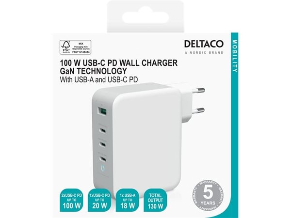 Deltaco USBC-GAN04, Sisätila, AC, Valkoinen