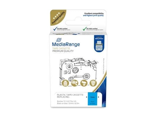 MediaRange - Laminert - permanet adhesiv - sort på blått - Rull (1,2 cm x 8 m) 1 kassett(er) hengeboks - merketape (alternativ for: Brother TZ-531,...