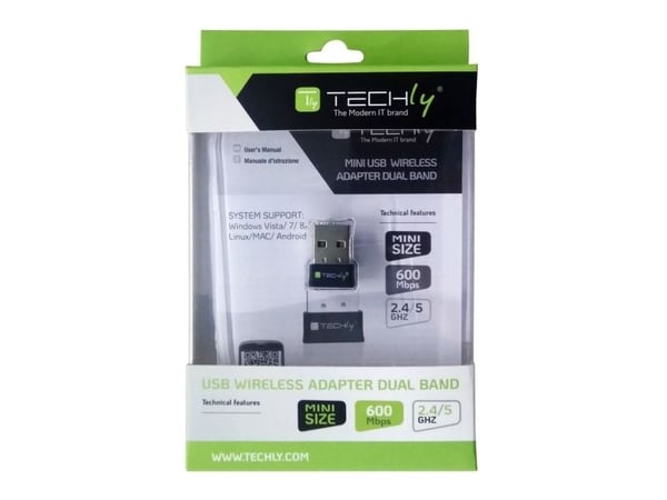 Techly I-WL-USB-600TY, Trådløs, USB, WLAN, Wi-Fi 5 (802.11ac), 583 Mbit/s, Svart