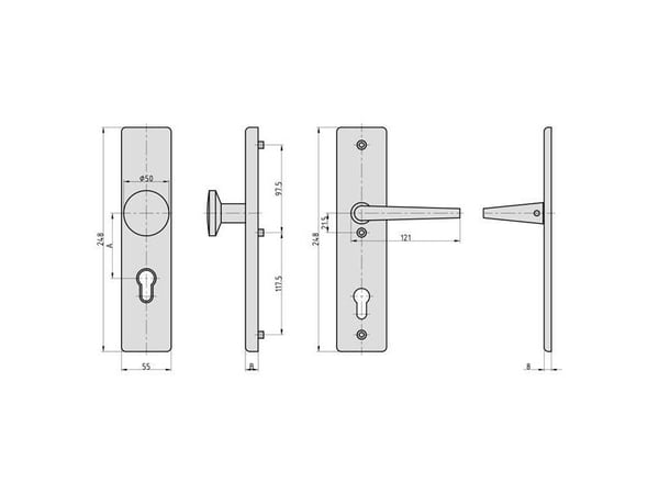 BASI 7500-0101, Käytävän ovenkahva, Sisätila ja ulkotila, Alumiini, Alumiini, Matta, 248 mm