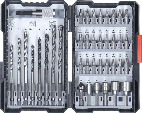 kwb Bit and Drill Bit Set, Drill, Drill bit set, Høyrehåndsrotasjon, 25 mm, Mykt tre, Stål, Stein, 39 stykker