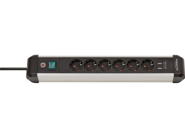 Brennenstuhl Premium-Alu-Line pistorasia 6-tie 3m, jossa on USB-lataustoiminto