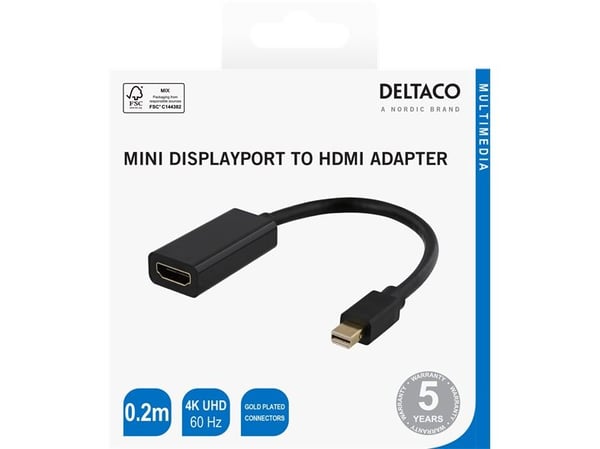 DELTACO - Videokort - Mini DisplayPort hane till HDMI hona - 20 cm - svart - 4K60Hz (3840 x 2160) stöd