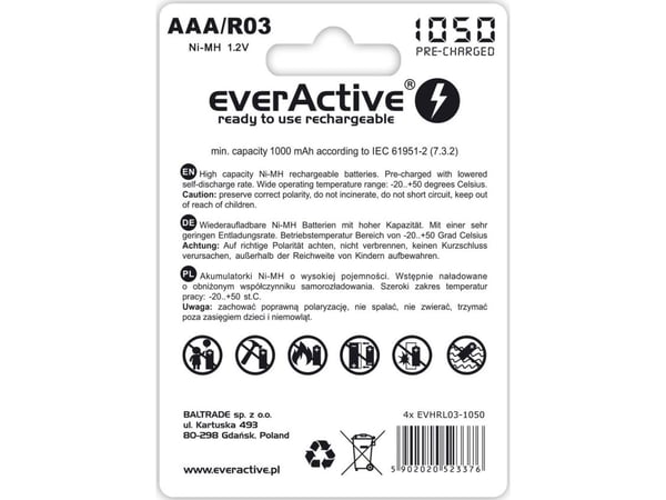 Everactive EVHRL03-1050, Oppladbart batteri, AAA, Nikkelmetallhydrid (NiMH), 1,2 V, 4 stykker, 1050 mAh