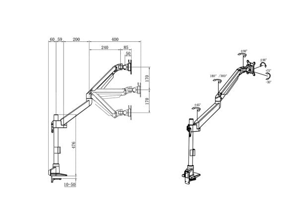 Multibrackets M - Monteringssett (leddarm, skrivebordsklemmemontering) - gassheis - for LCD-skjerm - VESA, enkel grunnstang - aluminium - svart - s...