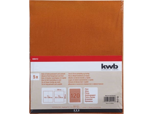 kwb Flint Sandpaper Wood & Paint, Sand-papir, Tre, Rektangulær, 280 mm, 230 mm, 5 stykker