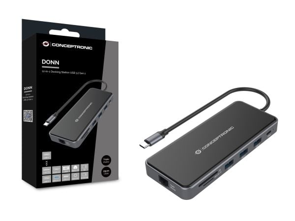Conceptronic DONN15G, Koblet med ledninger (ikke trådløs), USB 3.2 Gen 1 (3.1 Gen 1) Type-C, 100 W, 1000 Mbit/s, Grå, MicroSD (TransFlash), SD