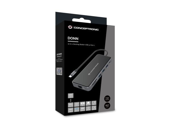 Conceptronic DONN15G, Koblet med ledninger (ikke trådløs), USB 3.2 Gen 1 (3.1 Gen 1) Type-C, 100 W, 1000 Mbit/s, Grå, MicroSD (TransFlash), SD