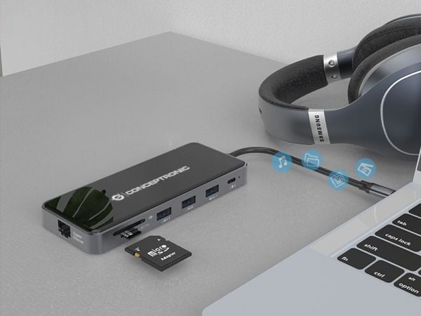 Conceptronic DONN15G, Koblet med ledninger (ikke trådløs), USB 3.2 Gen 1 (3.1 Gen 1) Type-C, 100 W, 1000 Mbit/s, Grå, MicroSD (TransFlash), SD