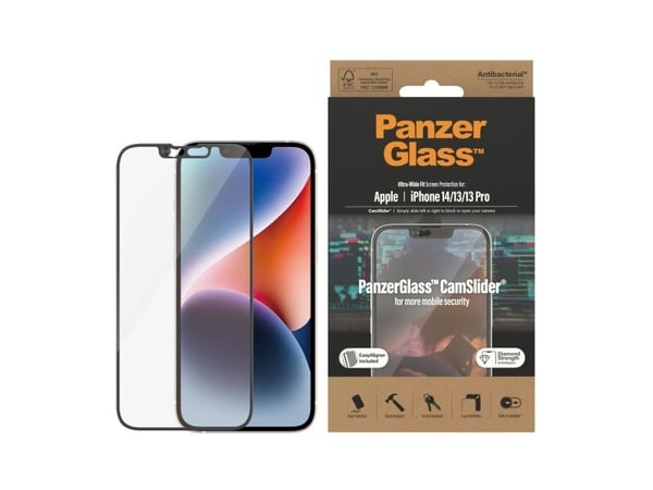PanzerGlass CamSlider - Skjermbeskyttelse for mobiltelefon - omslagskompatibel - glass - rammefarge svart - for Apple iPhone 13, 13 Pro, 14