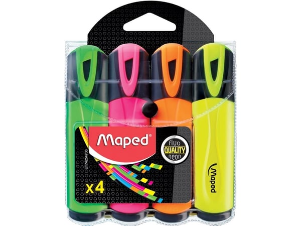 Maped Fluo''Peps, 4 stykker, Assorterte farger, Meisel tupp, 5 mm, Blister